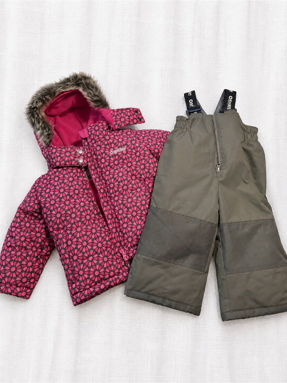 OshKosh B'gosh Pink Floral Puffer Jacket with Olive Snow Pants